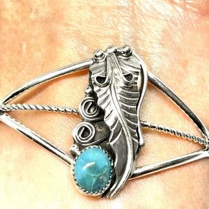 Navajo Turquoise Cuff Bracelet 6.5in Leaf Feather Signed RM Sterling 925 Native